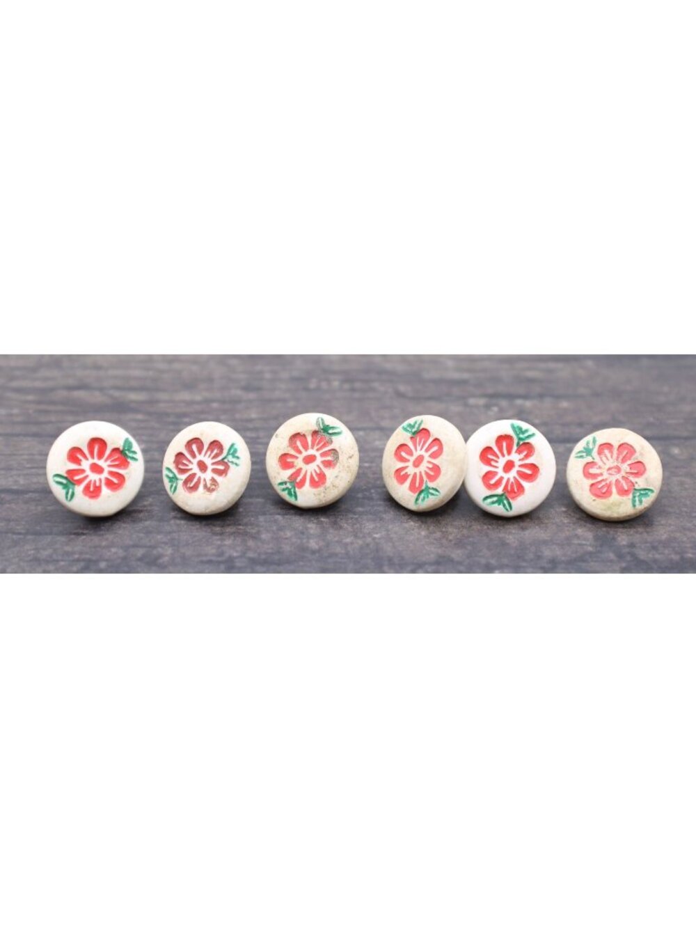 Set 6 Vintage Floral Shank Buttons Red w/ Green Painted Flowers 3/8" Plastic